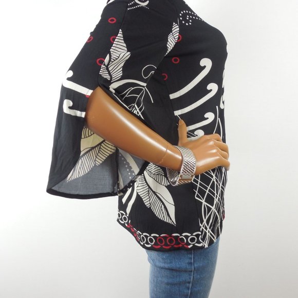 CHICO'S Top M Sz 1 Black/Red/Tan Blouse Stretch 3/4 Split Sleeves Casual Party - Picture 7 of 11